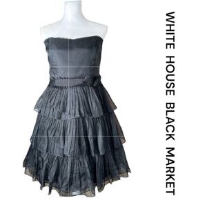 WHITE HOUSE BLACK MARKET 100% Silk Strapless Black Tiered Mini Dress, Size 12.